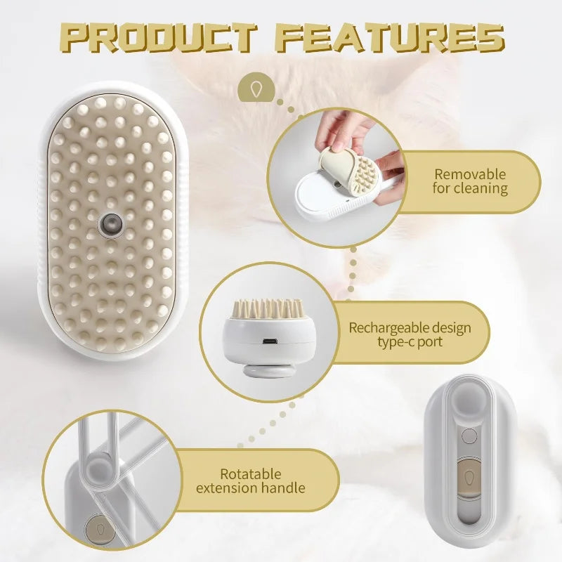 3-in-1 Electric Steam Brush for Cats - Grooming, Massage, and Hair Removal Comb with Water Spray Function